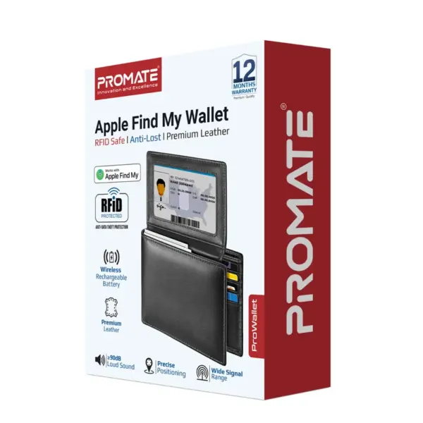 Promate ProWallet Smart Leather Wallet with Apple Find My & RFID Protection – Blue